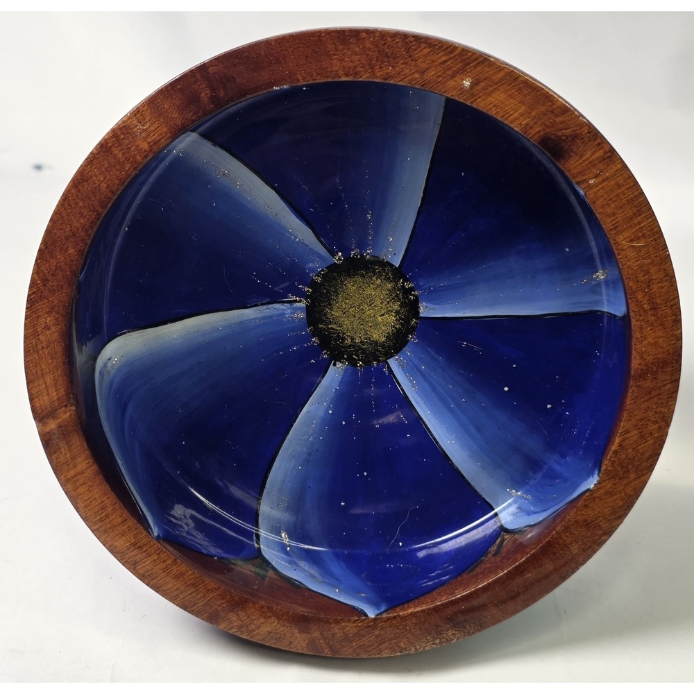 Hand Painted Wooden Bowl, BLUE,Teal Deep Pink And Purple Flowers, Beautiful